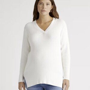 Quince M White Ribbed Long Sleeve VNeck Fisherman Side Zip Org Cotton Sweater
